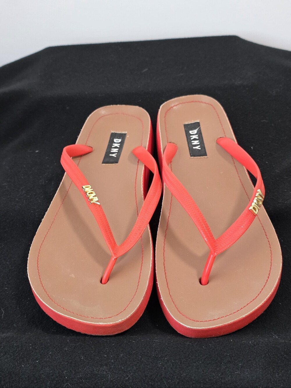 DKNY Red Strappy Flip Flop Sandals with Gold Logo